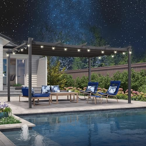PURPLE LEAF Pergola 3.65 × 4.85 m mit LED Licht & Schiebedach, UV50+, Grau | 21.6 m 36 LED Licht, Alu-Rahmen, 180g/m² Garngefärbter Stoff, Flexibles Schiebedach, Einfache Montage, Terrassenüberdachung