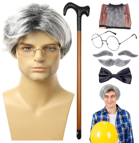 Old Man Cosplay, Großfarskostym für Männer Erwachsene Größe - 8pcs/Set Farfarkostym für Männer Erwachsene Größe - Cane Brillen Faux Augenbrauen Fliege Perücke Cap Großvater Perücke für Halloween