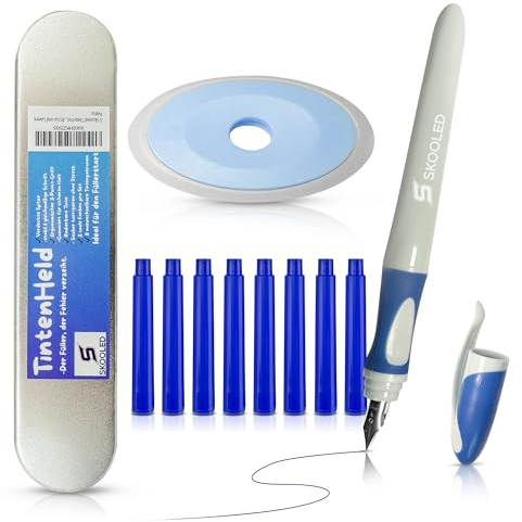 SKOOLED Tintenheld radierbarer Füller 1 Füller blau - kein Tintenkiller nötig, geschützte Feder, ergonomischer gummierter Griff, blaue schnelltrocknende Tinte, 8 Patronen, Metalletui