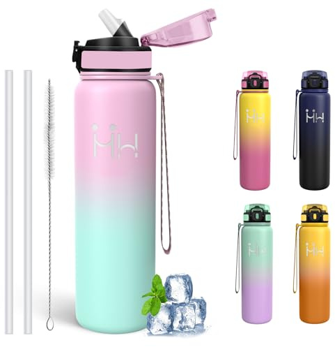 Gourde Isotherme, Gourde 1l, sans BPA, Bouteille Isotherme, Anti Fuite, Gourdes avec Paille, Avec Poignée, 18/8 Acier Inoxydable, Bouteille d'eau pour Randonnée/Bureau/Camping/Triathlon