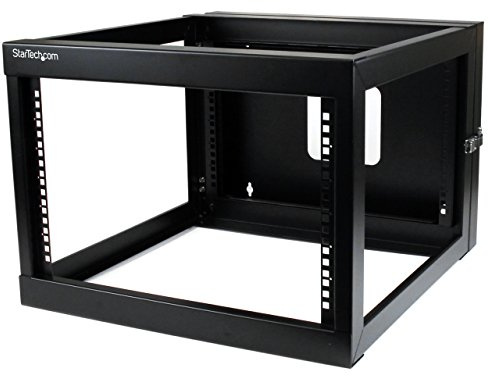 StarTech 6U 4-Post Hinged Wall Mount Open Rack, 19in, 109lb (RK619WALLOH) | Swing-out hinged frame, SPCC cold-rolled steel, Ships fully assembled, Cage nuts, 50.2cm/19.8in depth
