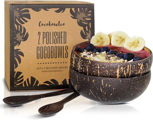 COCOBOWLCO Set di ciotole in cocco con cucchiai in legno, ciotole ecologiche per acai, ciotole per yogurt e frullati, ideale per ninja creami e colazioni sane (2, lucidate)