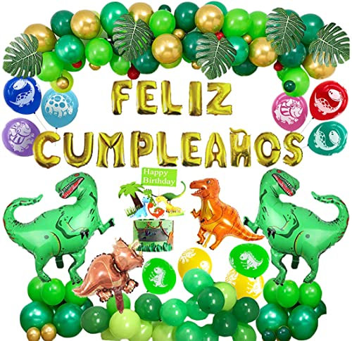 Decoracion Dinosaurio Cumpleaños Niño, Pancarta de Feliz Cumpleaños, Dinosaurio Globos de Aluminio Latex de Verde Dorado Rojo, Decoración para Tartas, Palmera para infantil Fiesta Decoracion