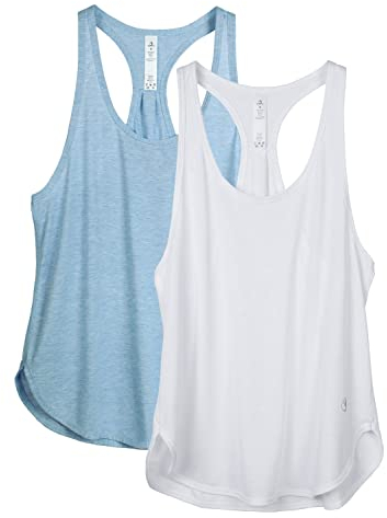 icyzone Yoga Sport Tank Top Damen Racerback Lauftop Fitness Running Shirt Oberteile, 2er Pack (XL, White/Sky Blue)