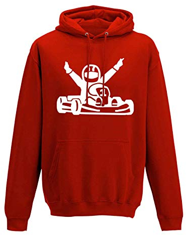 Jimmys Textilfactory Hoodie Kartfahrer Siegerpose Gokart Karting Rennsport 10 Farben Herren XS - 5XL Leihkart Kartbahn Rennfahrer Vortex Rotax IAME X30 OK, Größe:S, Farbe:rot - Logo Weiss