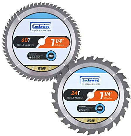 Luckyway 2-Pack 7-1/4 Inch 24T Framing & 60T Finish with 5/8 Inch Arbor TCT Circular Saw Blade for Cutting Wood