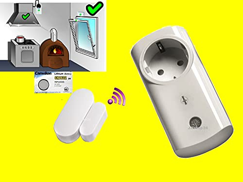 FUNK-Abluftsteuerung-SET für Dunstabzugshaube,Klimaanlage,etc. bei Betrieb von Ofen,Kamin,Therme | Intertechno Power-Zwischenstecker 2300W+Mini-Fensterkontakt-Sensor+Ersatzbatterie