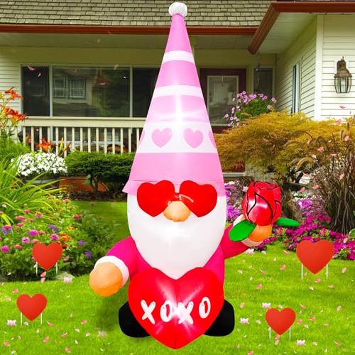 JOYEASE Aufblasbarer Zwerg zum Valentinstag, 122 cm, rosa Zwerg mit Rosendekoration, LED-beleuchtet, Valentinstag, aufblasbar, für romantische Hochzeitstage, Party-Dekoration