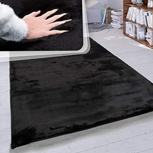 Paco Home Hochflor Teppich Wohnzimmer Schlafzimmer Shaggy Modern Flauschiger Fellteppich Weich Fell Imitat Kunstfell Einfarbig, Grösse:Ø 80 cm Rund, Farbe:Schwarz