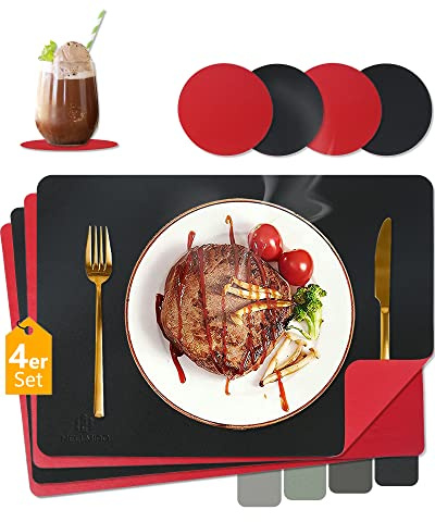 HELI MIAO Tischsets Abwaschbar,Platzsets Abwischbar, Leder,Hitzebeständig Doppelseitigen I 4er Set Platzdeckchen Lederoptik mit Untersetzer,Tischuntersetzer rutschfest,Rot+Schwarz
