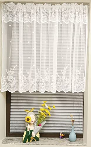 Yaland Scheibengardine Jacquard Bistrogardine Transparent Kurzstores Plauener Gardinen Landhausstil Spitze Vintage Vorhänge Weiß (Weiß BXH 100x120cm) 1 Stück