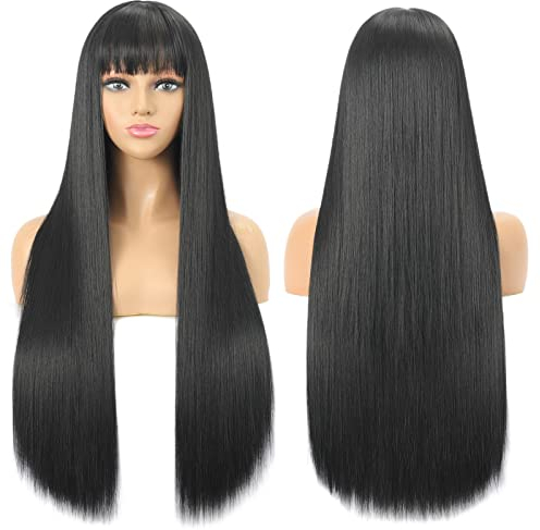 Perücke Schwarze Lang Gerade Perücke mit Pony für Damen, 30 Zoll Synthetische Kunstfaser Glatte Perücken für Frauen, Long Black Fringe Bangs Wig for Women