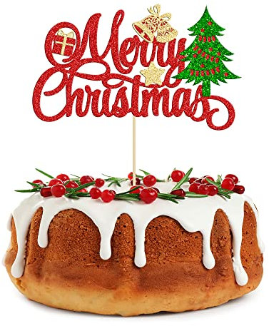 Gyufise 1 Pack Merry Christmas Cake Topper - Red Green Tree Bell Pick Decorations for Holiday Theme Happy New Year Party Supplies
