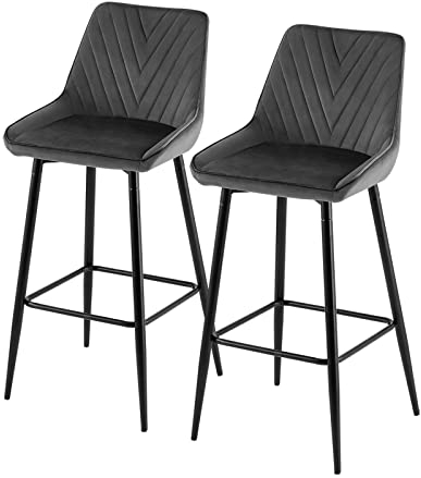 CLIPOP Barhocker, Barstühle, Küchenstühle, mit Rückenlehne, Stahlgestell, einfache Montage, modern Design (Samt Grau, Sitzhöhe 75cm)