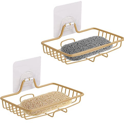CHENYU 2 Pièces Porte Savon Mural en Acier Inoxydable Doré Auto-Videur pour Salle de Bain et Cuisine - 2 Tampons de Savon Inclus