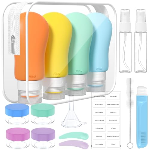 100ml x 4 Silikon Reiseflaschen Set - Reiseflaschen Zum Befüllen Toilettenartikel 17 Stück Portable Reise Container für Shampoo Lotion, Auslaufsicher Nachfüllbare TSA geprüft und BPA frei, Bunt