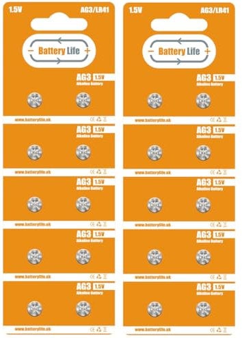 Battery Life AG3 LR41 Batteries (20 pack) Button Coin Cell Alkaline 1.5v Long Life UK Brand