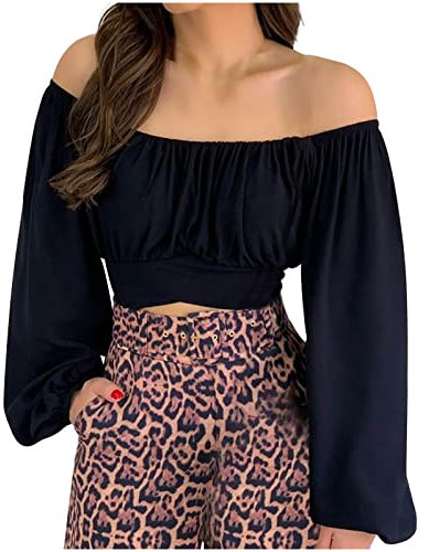 AMhomely Woman's Strapless Long Sleeve Print Off Shoulder Ruched Lantern Sleeve Crop Tops Vintage Work Shirt UK Size, Z Black, XL