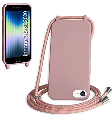 SLWYF Compatible with iPhone 6/7/8/iPhone SE 2020/SE 2022 Crossbody Lanyard Case, Liquid Silicone Protective Phone Case with Strap Adjustable Neck Cord Necklace Soft Cover for iPhone 6/7/8, Sand pink