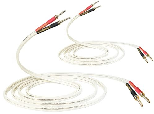 VVFLED 2 Pack 14 AWG OFC Speaker Cable with Gold-plated Pin Banana Plugs, Audiophile White Speaker Wire With Gold-plated Banana Plugs, Square Flat Cables for HiFi & Home Audio System (3m / 9.8Ft)