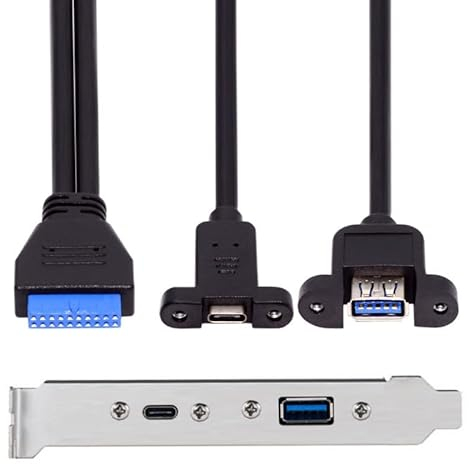CY Cable USB3.0 Motherboard 19/20Pin to USB-C Type-C & USB 3.0 Dual Ports Female PCI-E Back Panel 5Gbps Cable