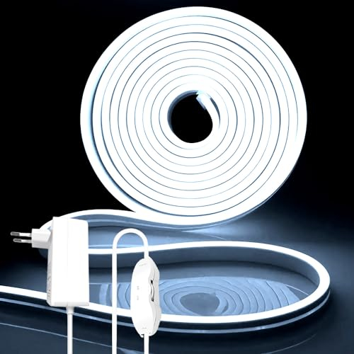 iNextStation LED Strip 5M, 12V Weiß Neon LED Streifen 6000K Dimmbar Wasserdicht Flexibel Neon Led Silikon Leiste Lichtband für Schlafzimmer Innen Aussenbereich Heim Küche Wohnzimmer Deko