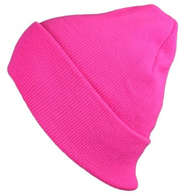 NYFASHION101 Unisex Plain Blank Long Knitted Cuff Beanie Cap, neon pink, Einheitsgr��e