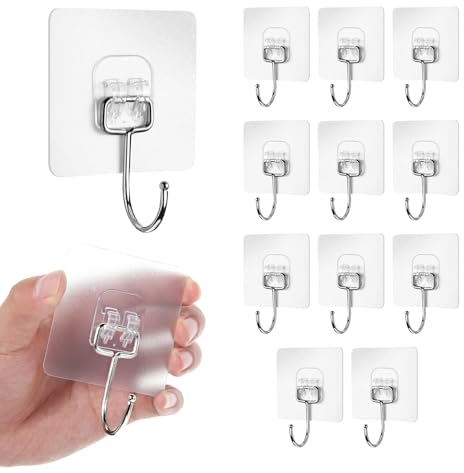 12pcs Adesivi Trasparenti Appendi Accappatoio Bagno Gancio Autoadesivo Ganci da Parete Massimo 20 kg,Ganci Grande Forti Senza Cuciture per Bagno Cucina Soggiorno