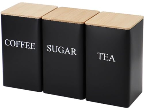 Tea Coffee Sugar Canisters, 1000ML 3 Piece of Metal Canister Storage Jar Container Set With Airtight Bamboo Lid
