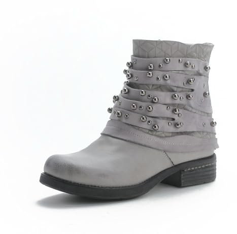 Pogolino Damen Stiefeletten Nieten Biker Boots mit Reißverschluß flach bequem Stiefel ST016 Grau 41