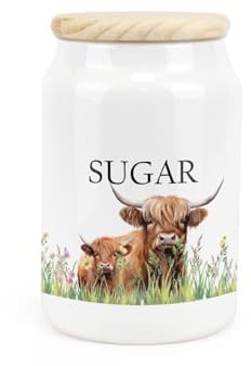 Purely Home Highland Cow Keramik-Zuckerdose – Mama & Kalb, Bauernhof, Küche, Lebensmittelbehälter und Holzdeckel, 600 ml (14,5 x 9,5 cm)