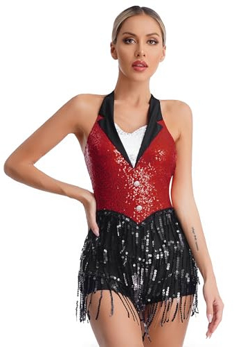 dPois Justaucorps Danse Latine Femme Dos Nu Body Gymnastique Brillants Paillettes Tassel frangé Tenue Danse Moderne Jazz Combinaison Patinage Costume Spectacle