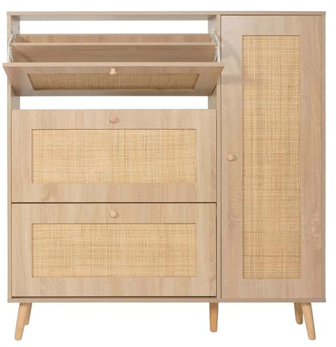 Mendler Rattan-Schuhkipper HWC-M37, Schuhregal Schuhschrank, 3 Kippfächer 2 Regalböden 127x120x24cm Holz Melamin - Eiche-Optik