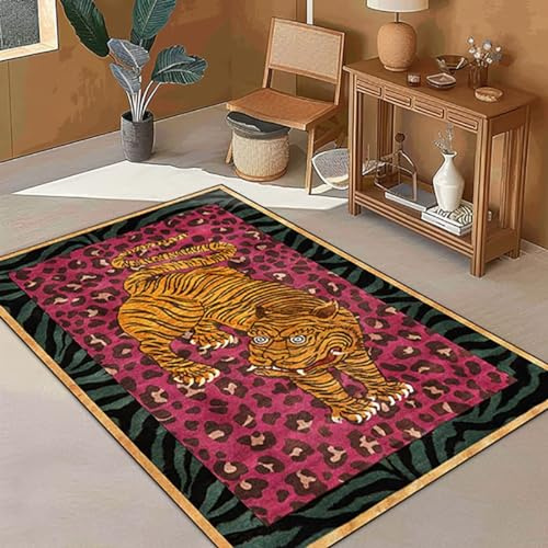 Dsopoy Boho Tierdruck-Teppich Leopard-Druck-Teppich 2x3 Fuß Kleiner Tiger-Teppich für Badezimmer Rosa Gelber Tiger-Teppich für Schlafzimmer Rutschfest Waschbarer Türteppich