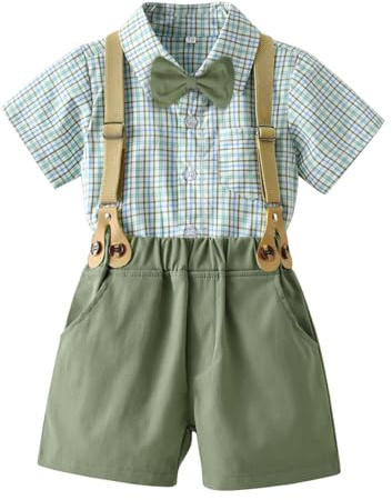 Volunboy Bébé Garçon Ensemble Costume, L'été Manches Courtes Noeud Papillon Chemise avec Short Bretelle Barboteuse(Plaid Vert,4-5 ans,Taille 120)