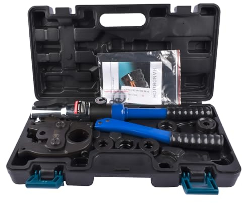 Hopzty Profi Presszange V-Kontur (hydraulisch) 12-15-18-22-28 Set Presswerkzeug mit 360° drehbarem Kopf für Kupferrohr, Edelstahlrohr, Edelstahlrohr, Backeneinsätze V12, V15, V18, V22, V28, Blau