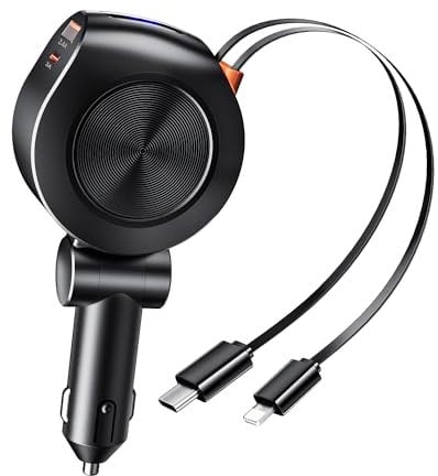 SPGUARD Retractable Car Charger 69W,4 in 1 Fast Car Phone Charger,Retractable Cables and 2 USB Ports Car Charger,Smaller Cigarette Lighter Adapter for iPhone 17/16/15/14/13,Galaxy,Pixel (Black)