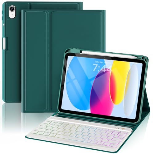 Tumeiguan Vergrößerte Tastatur für iPad 10. Generation 2022 10.9 Zoll, Anti-Falloff-Tastatur für iPad 10. Generation mit 7 Farben Hintergrundbeleuchtung (Kiefern Grün, klassischer Stil)