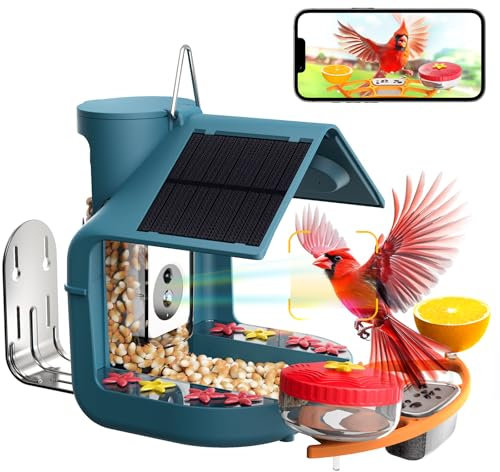 Smart Bird Feeder with Camera Solar Powered, Hummingbird Feeders for Outdoors, 2K HD AI Identify Birds 10000+Species, DIY Add-ons, AI Instant Notifications, IP65 Waterproof, 6400mAh Large Battery