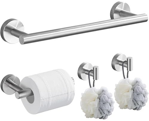 Hoomtaook Accesorios Baño 4 Piezas, Toalleros de Baño de Pared, Kit de Accesorios Baño incluir 40cm Toallero, 2 Gancho Toalla Baño y portarrollos Papel Higiénico, Níquel Cepillado