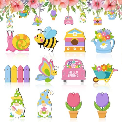 LUYANFX 12 Stück Holzanhänger Frühling, Holzanhänger Blumen, Wichtel Holz Anhänger, Frühlingsdeko Holz Bunt, Frühlings Deko für Ostern Heimdekoration (Rosa)