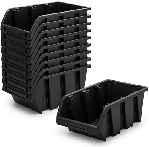 PECZEKO Werkstatt-Stapelkiste, Stapelbox aus PP Kunststoff, Sichtbox Stapelbox, Lagerboxen für Werkzeugswand, Sichtlagerkasten, Sortierbox - Schwarz 10 Stück, 155x100 mm