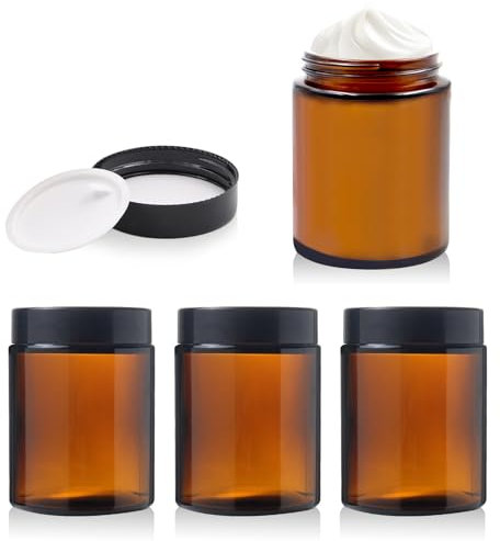 TOKSEO 4 Stück 150ml Amber Glas Leerdose, Cremedosen zum Befüllen, Große Apothekerglas Kosmetisches Glas, Cremetiegel Salbendosen Braunglas, Braunen Glasbehälter mit Deckel und Liner