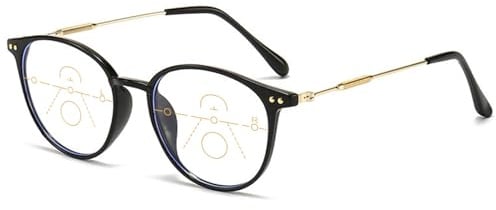 ABETOS Gleitsichtbrille Progressive Multifokale Lesebrille Damen Herren Runde Blaulichtfilter Metall Kunststoff Leicht Rund Gleitsicht Lesehilfen Sehhilfe, Schwarz+2.0