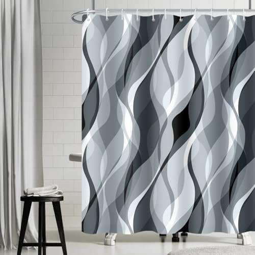 Uiiooazy Rideau Douche Anti Moisissure, Rideau de Douche Gris Abstrait Rayures Bleu Rayé Rideaux de Baignoire Tissu Imperméable Lavable Polyester Rideaux Salle de Bain avec 12 Crochets 180x240cm