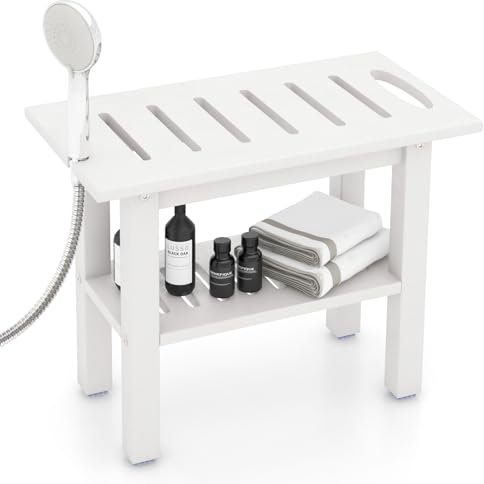 COSTWAY Taburete de Ducha, Banco de Ducha Impermeable de Baño con Estante de Almacenamiento de Madera, Asiento Bañera Adulto para Ducha para Uso en Interiores y Exteriores