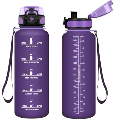 Vikastar Botella Agua, 1.5L Prueba de Fugas, Botella Agua Gimnasio, Marcador de Tiempo, Botella de Agua, Reutilizable, Cantimplora, Motivacional, Botella para Fitness, Camping, Morado-Esmerilado