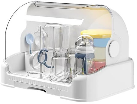 Toddler Bottles Storage Box,Bottles Storage Box with Baby Bottle Drying Rack,Transparent Dust Cover Bottle Storage With Removable Drip Tray,Space Saving (White)