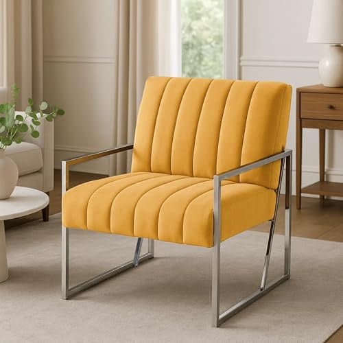 SEYNAR Accent Chairs Mid Century Modern Chair Metallgestell mit weicher Polsterung, bequemer Samt Armstuhl für Schlafzimmer, Wohnzimmer und Wartezimmer(Gelb)