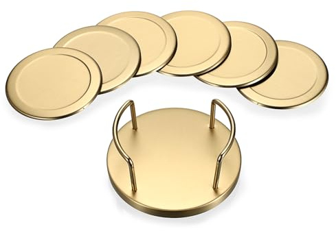 BTSKY 6pcs 10 * 10cm Brushed Stainless Steel Round Thicken Drink Coasters with Stand, Round Coaster with Sponge Bottom, Beverages Coasters Cup Glass Mat, Gold